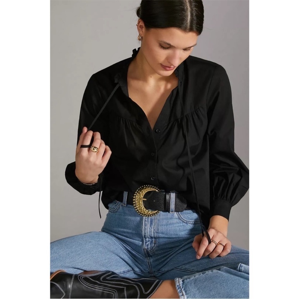 Anthropologie Maeve Poplin Buttondown Black Small D13